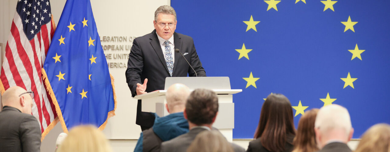 Maros Šefcovic speaks at a press conference at the Delegation of the European Union in Washington, D.C., United States of America.