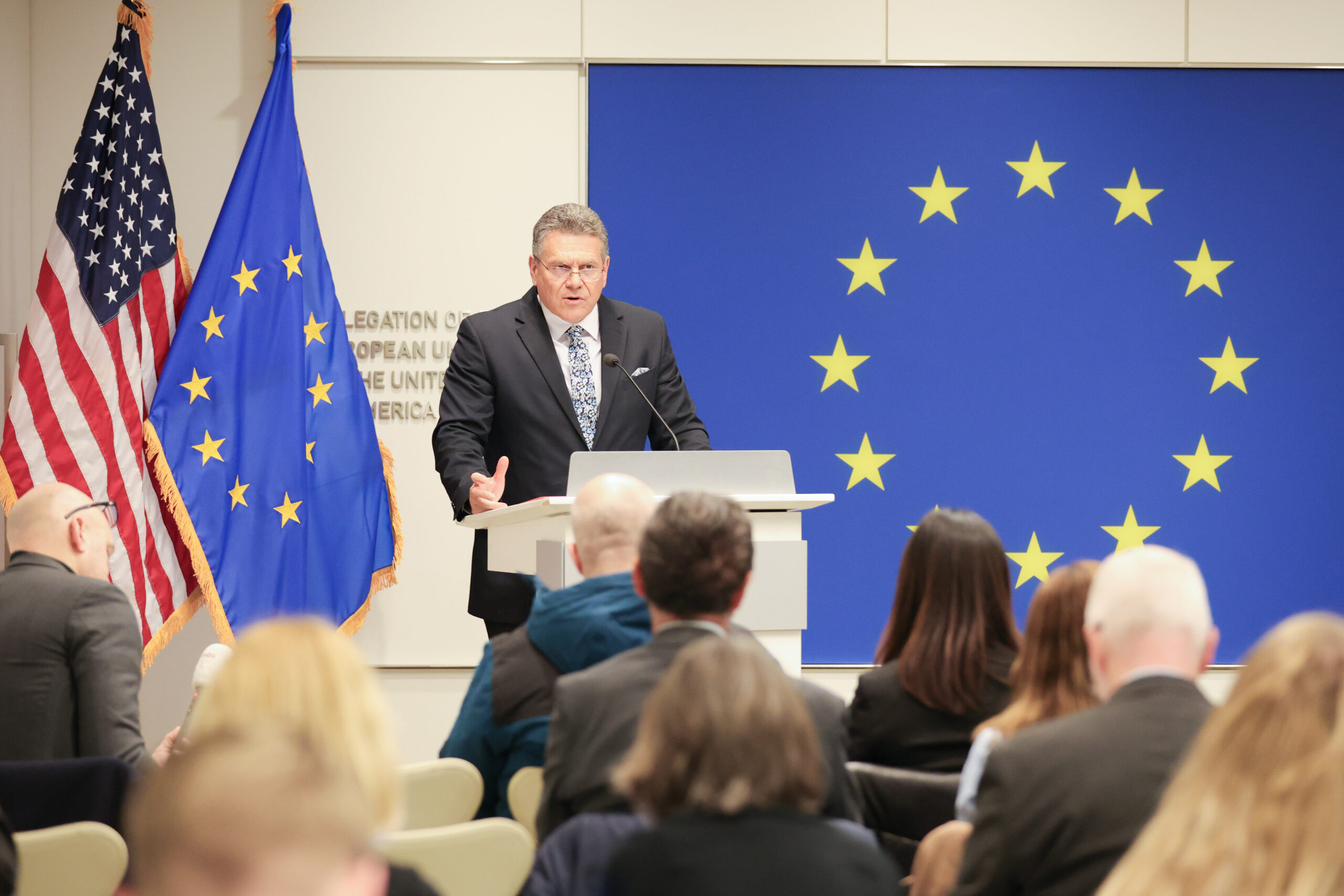 Maros Šefcovic speaks at a press conference at the Delegation of the European Union in Washington, D.C., United States of America.
