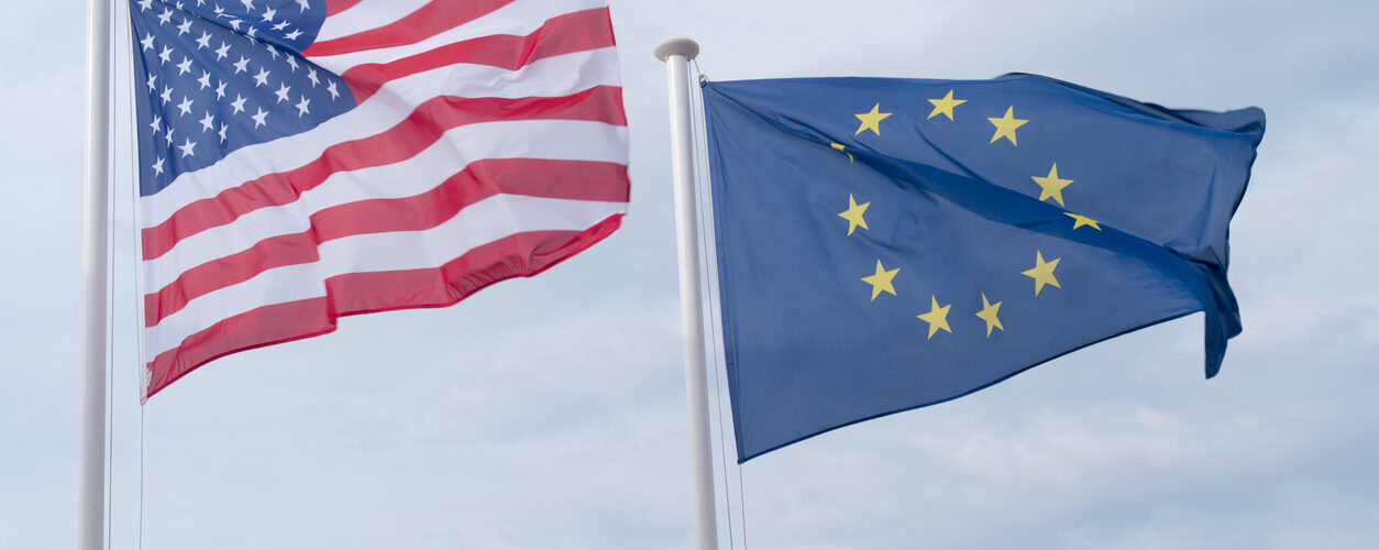 Flag of United States and European Union in the sky