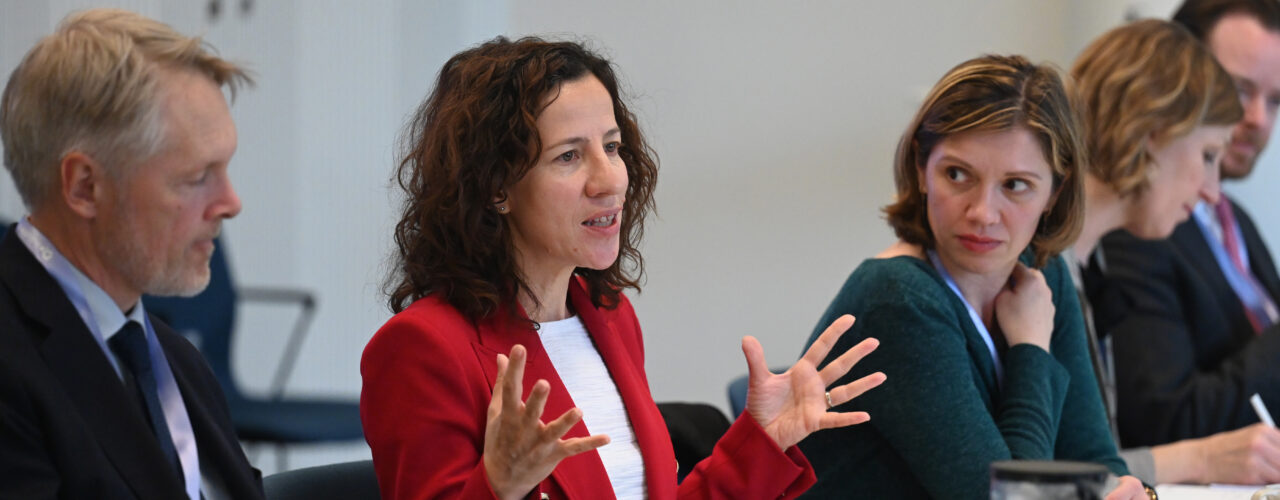 Executive Vice-President of the European Commission for People, Skills and Preparedness Roxana Mînzatu (2nd L) attends a meeting with representatives of Danish businesses at the House of Danish Industry in Copenhagen on April 10, 2025.