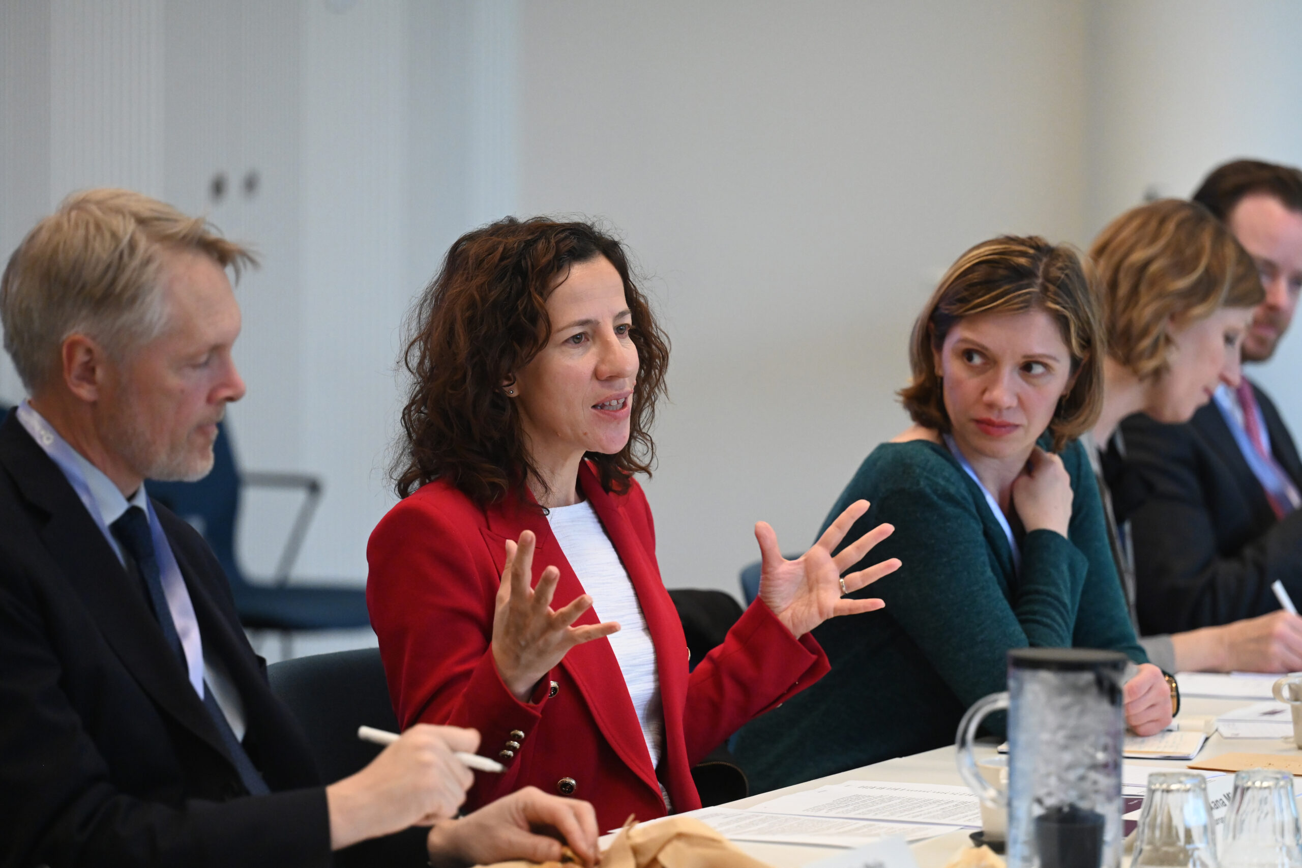 Executive Vice-President of the European Commission for People, Skills and Preparedness Roxana Mînzatu (2nd L) attends a meeting with representatives of Danish businesses at the House of Danish Industry in Copenhagen on April 10, 2025.