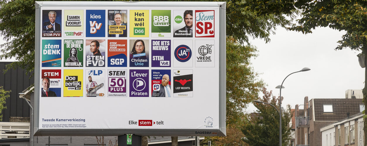 Ermelo, Netherlands, October 8, 2025; Election posters for the House of Representatives elections in the center of Ermelo in Gelderland.