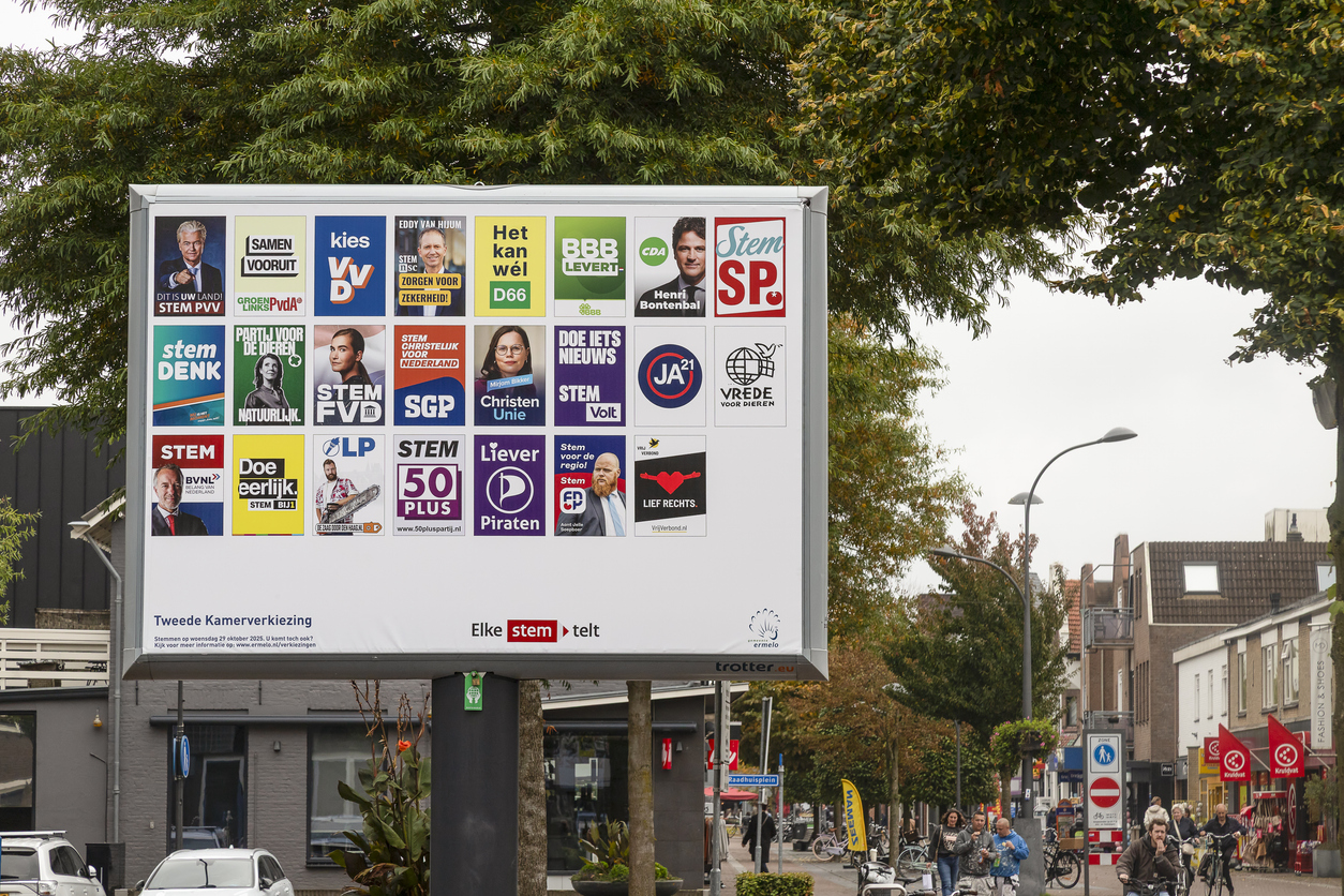 Ermelo, Netherlands, October 8, 2025; Election posters for the House of Representatives elections in the center of Ermelo in Gelderland.