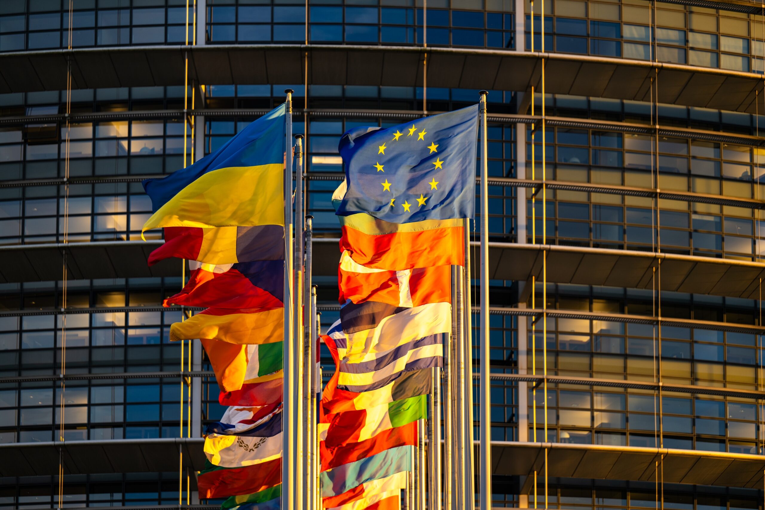 Flags of the country members of the European Union are raised at the EP headquarters in Strasbourg