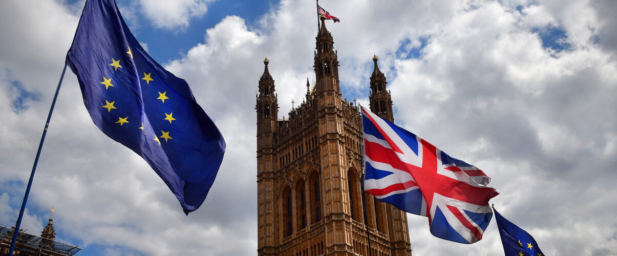 The European Union and UK flags flying outside tje House of Parliament in London as part of a Brexit protest