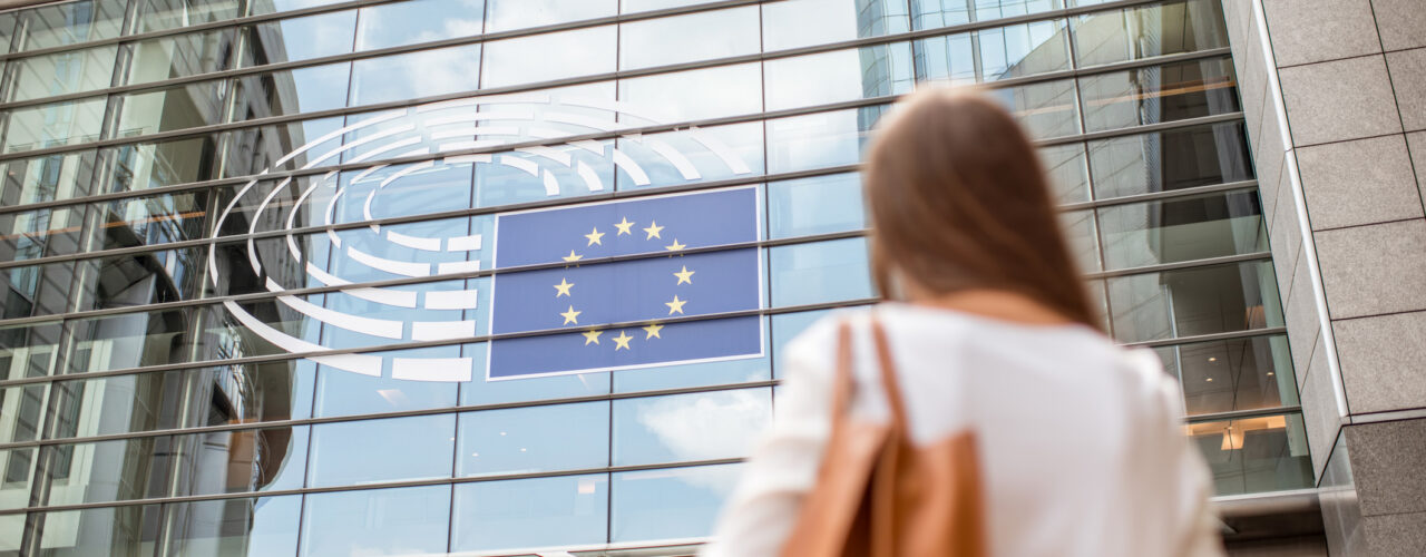 Young businesswoman standing back near the Parliament building of European Union in Brussel city