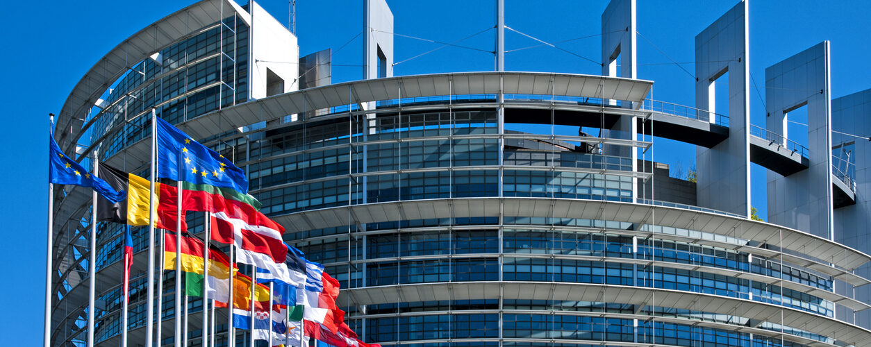 The European Parliament building in Strasbourg, France with flags waving calmly celebrating peace of the Europe. July 12, 2020.